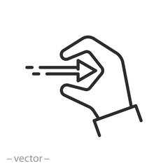 pull out here icon, pulling or open, hand pulls, direction arrow, thin line symbol on white background - editable stroke vector illustration eps10