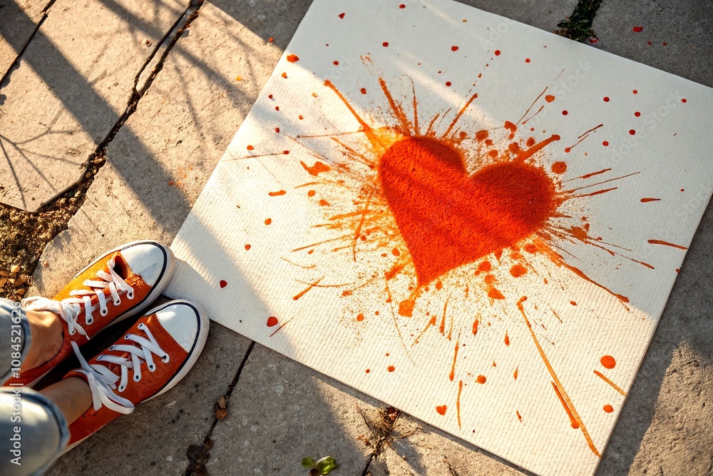 Aufkleber vibrant abstract orange heart shaped paint splatter capturing emotion and artistic expression in a u