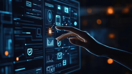 Obraz premium A hand is extending toward a computer display filled with various settings and security icons, indicating user interaction with technology. Generative AI