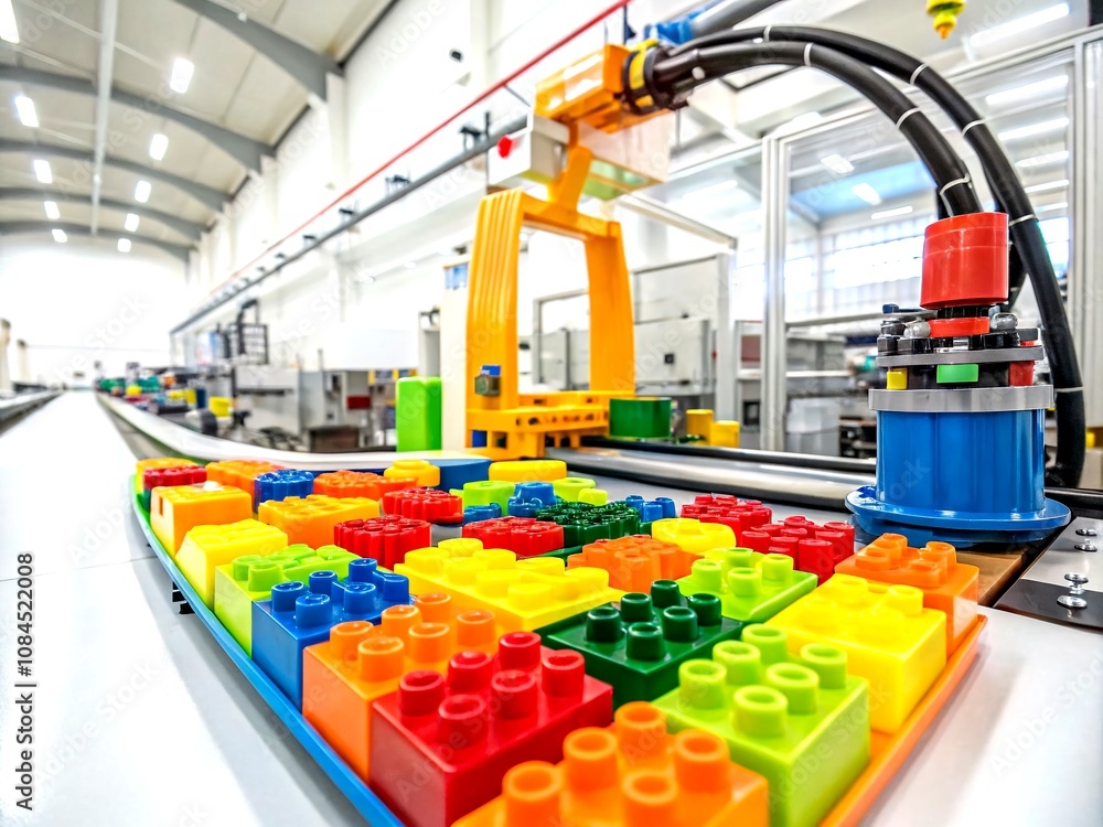 Poster vibrant assembly line showcasing colorful plastic parts in a modern factory setting - a dynamic disp