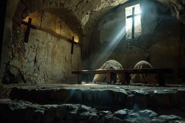 Empty tomb with three crosses