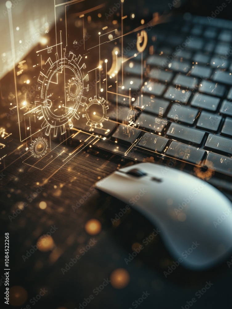Leinwandbilder a keyboard displays a mouse and gear overlay, symbolizing the integration of digital technology in a