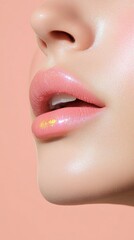 Naklejka premium A woman's lips are painted with a shiny pink lip gloss