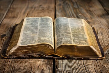 Obraz premium Open Bible on wooden table closeup. Christian religious book