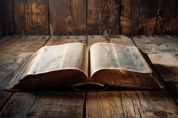 Open Bible on wooden table  closeup. Christian religious book