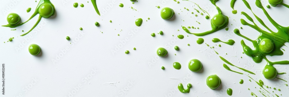 Poster scattered peas and drops of vivid green juice form a striking composition on a clean white backdrop,