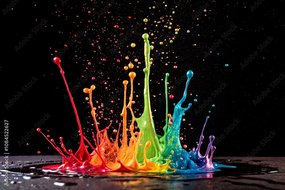 Poster vibrant colorful paint drips and splashes create an artistic contrast on a deep black background for