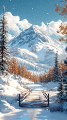 Fototapeta premium Winter Mountain Bridge, Snowy Forest Pathway, Majestic Mountain Scenery