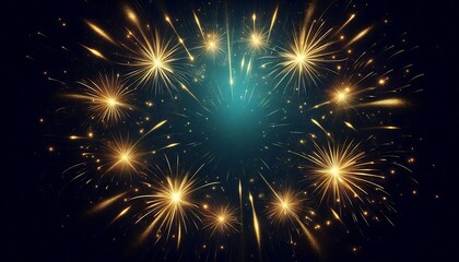 Naklejka premium Dark cyan background with radiant golden fireworks trails and soft glow new year greeting card,copy space, banner