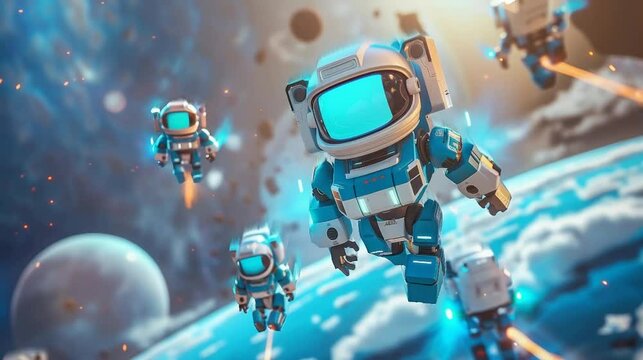 Self-operating robots in space on a mission using jetpacks