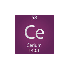 Ce Cerium Lanthanide Chemical Element Periodic Table. Simple flat square vector illustration, simple clean style Icon with molar mass and atomic number for Lab, science or chemistry class.