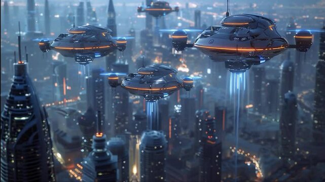 Big drones flying above innovative city, futuristic landscape, They use suction mechanisms
