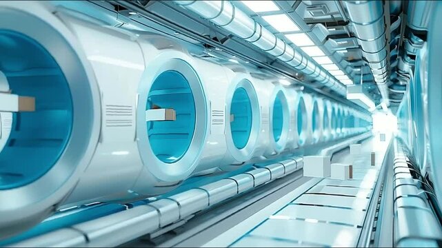 Innovative machine for delivering parcels, interior of futirustuc post warehouse, delivery internal operation