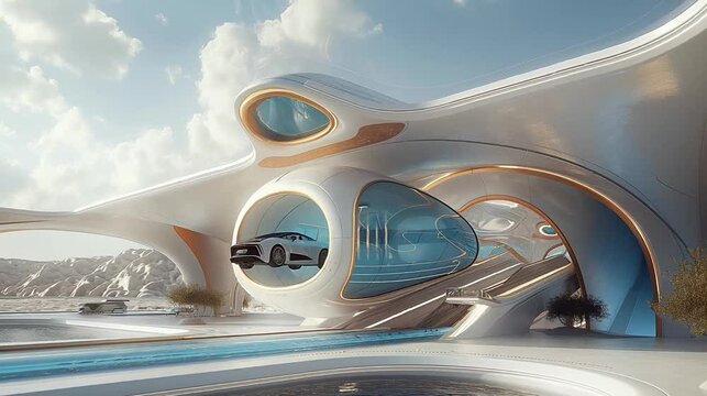 Futuristic city lanscape a white teleport for vehicles. innovative architecture