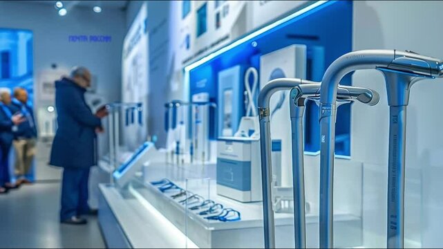  exhibition hall, futristic crutches and walking sticks made of high-tech materials. innovative retirement conceptual photo. Equipment for aged people.