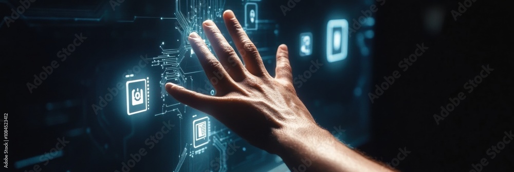 Poster A hand extends towards a futuristic screen filled with glowing settings and security icons, representing interaction with technology. Generative AI