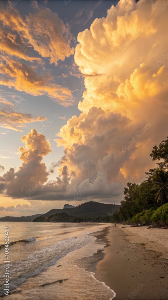 Poster golden clouds illuminate twilight skies over as dang beach, creating a tranquil evening atmosphere. 