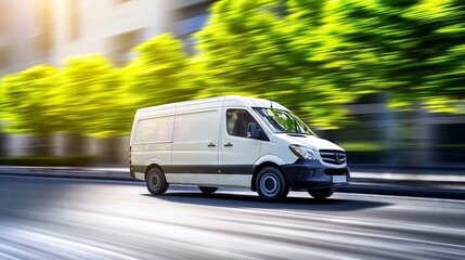 Obraz premium White delivery van moving fast on a city street