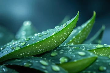 Fresh aloe vera leaves covered with sparkling water droplets