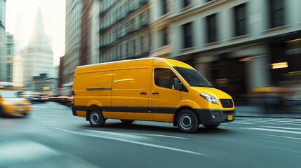 Fototapeta premium Yellow delivery van moving fast on a city street