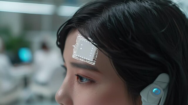brain computer machine interface, a computer chip in human head, innovative cyborg technology test, close up  of an implant, futuristic woman neurolaboratory