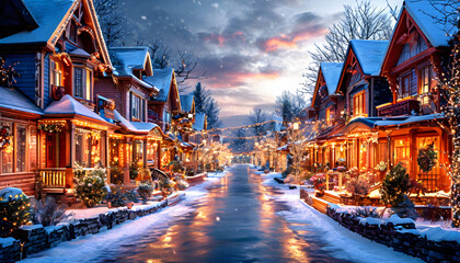 Fototapeta premium Charming winter street lined with festively decorated houses and glowing lights during a snowy evening