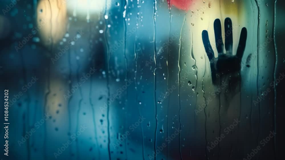Aufkleber Silhouette of a hand pressing on a wet window with raindrops and blurred city lights in the background during a rainy night creates a mysterious and evocative atmosphere