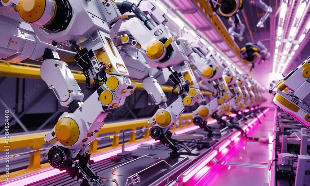 Aufkleber high-tech robot arms working on assembly line video animation, ai generated. advanced automation tec