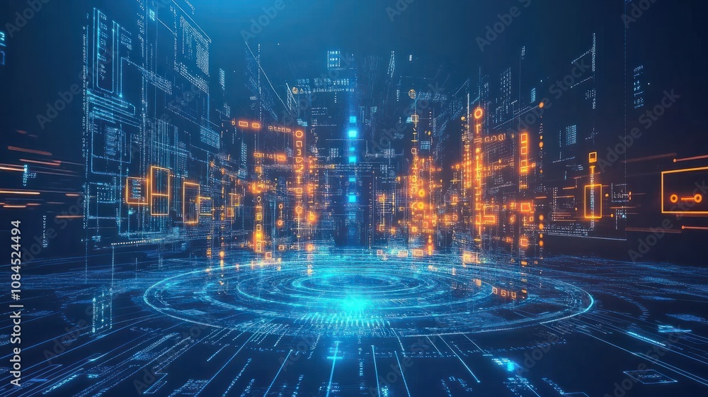Poster futuristic digital interface with glowing data streams and circuits in blue and orange hues, represe