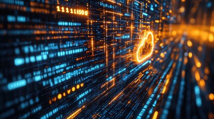 futuristic digital technology web interface with holographic cloud icon, blue and golden light digits, and code background, abstract motion of data flow and cloud computing concept
