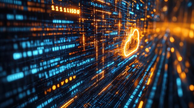 futuristic digital technology web interface with holographic cloud icon, blue and golden light digits, and code background, abstract motion of data flow and cloud computing concept