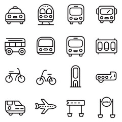Modern Minimalist Public Transportation Line Icons: Taxi, Train, Tram, Bus, Subway & More – Perfect for Apps & Maps