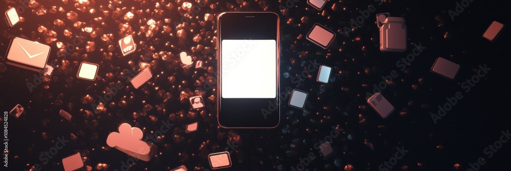 Poster a smartphone surrounded by colorful pop-up icons showing notifications, likes, and comments in a dar