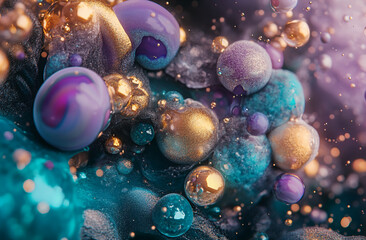 Fototapeta premium Close-up view of an abstract art piece featuring numerous metallic spheres in shades of gold, purple, and teal
