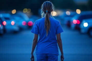 A woman in a blue scrubs walks down a street at night. The street is empty except for a few cars parked along the side. The woman is alone and the scene has a somewhat eerie or lonely feeling to it
