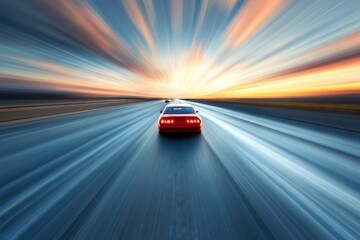 A red car is driving down a long, empty road. The sky is orange and the sun is setting. The car is the only thing visible in the image, giving it a sense of solitude and freedom