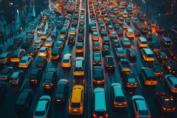 A busy street with many cars and a yellow car in the middle. Scene is busy and chaotic