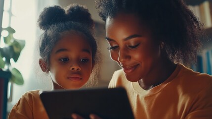 Happy female teacher tutor helping African American junior school kid girl student using digital tablet computer education program learning app technology during elementary class lesson in classroom.