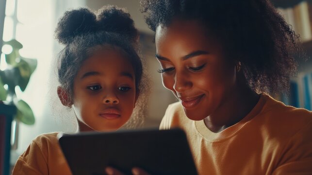Happy female teacher tutor helping African American junior school kid girl student using digital tablet computer education program learning app technology during elementary class lesson in classroom.