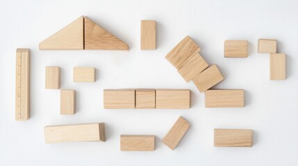 A variety of wooden building blocks arranged on a light surface, showcasing different shapes and sizes.