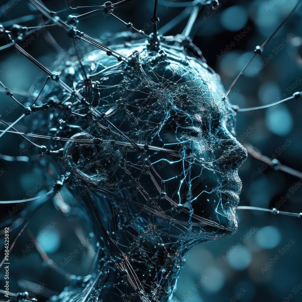 Poster human connection with new technology, intricate web of neural connections, artificial intelligence
