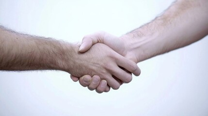 Fototapeta premium Two hands of different skin tones shaking hands, symbolizing agreement and unity.