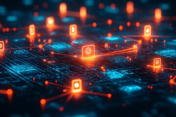A computer screen with a lot of icons and one of them is a picture of a camera. The icons are all orange and blue