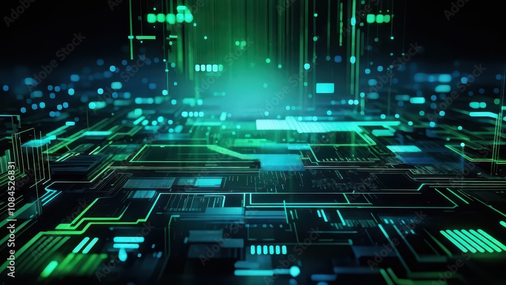 Poster abstract digital landscape with glowing circuitry and data flow.