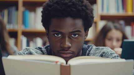 Multiracial students reading books and using laptop computers while studying at school - Focus on african guy face