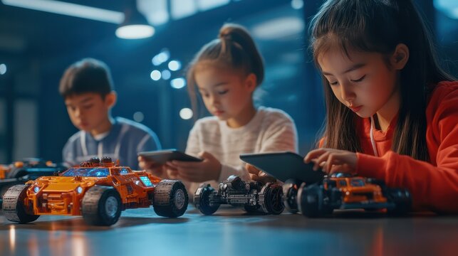 Multiracial school kids students making robotic cars using tablet computer. Diverse junior children pupils building robot vehicle learning at table at STEM code ai engineering science education class