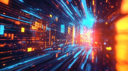 Fototapeta premium Abstract digital landscape depicting vibrant data streams and glowing particles.