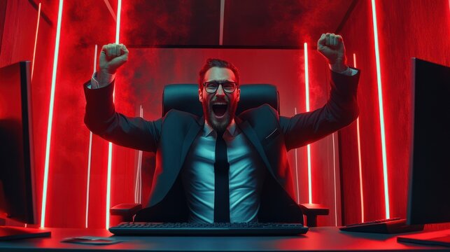 New generation businessmen feeling happy in front of computer in. office. Since online sales system is able to work efficiently on a 5G network system. Causing sales to meet the target.