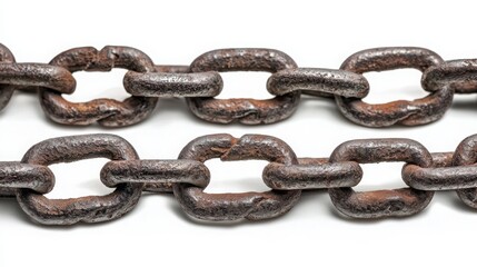Obraz premium Close-up of rusty iron chain links on a white background, highlighting texture and wear.
