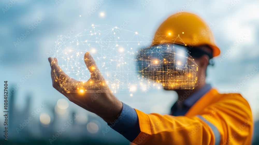Poster a man wearing an orange helmet is looking at a computer screen with a virtual re